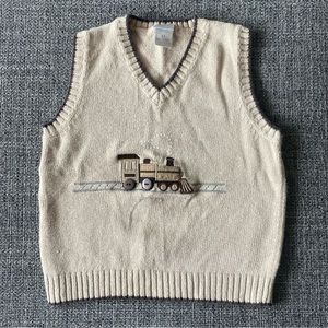 Vintage Perfectly Dressed Toddler Sweater Vest Train Embroidery Beige 4T